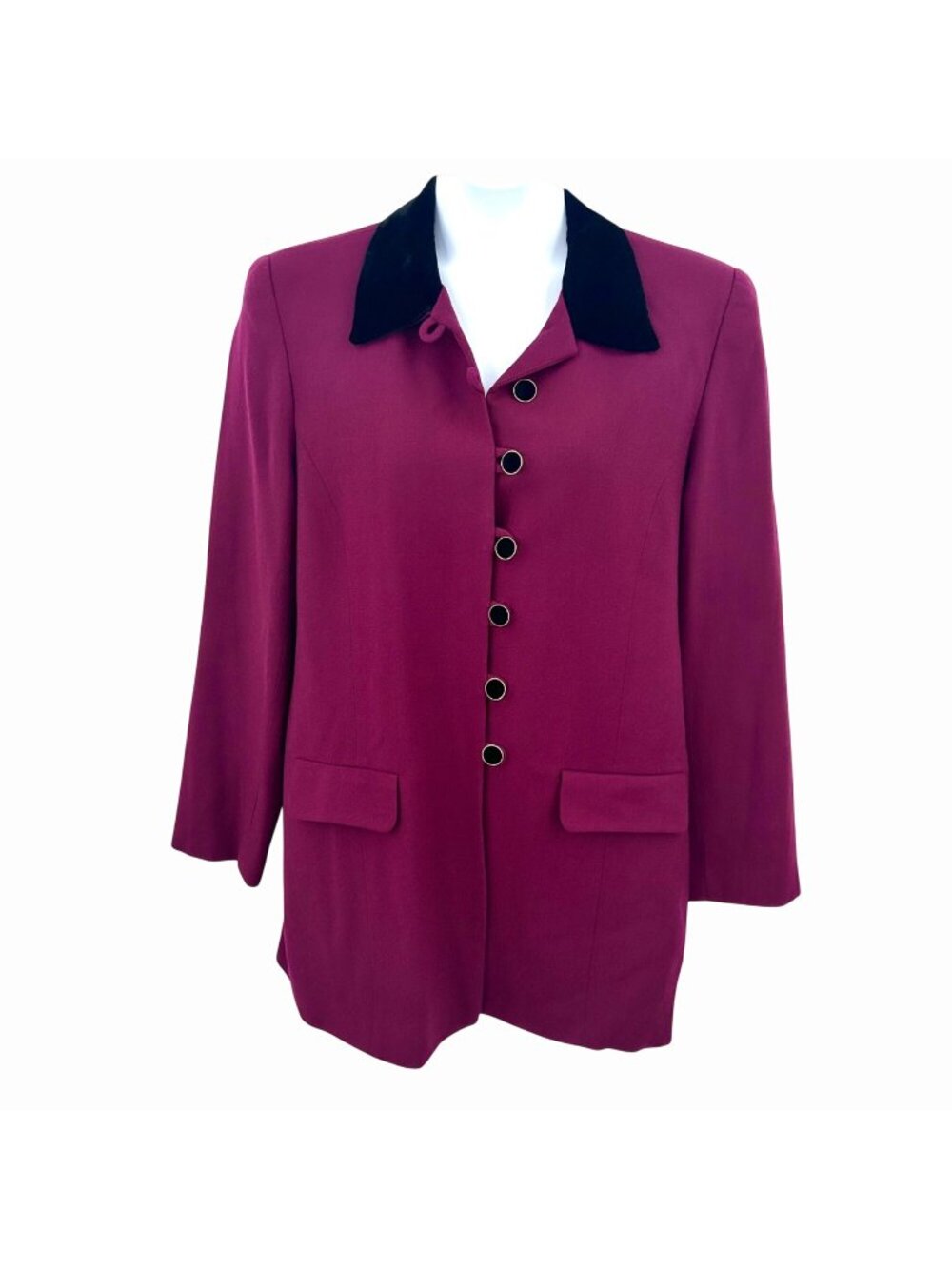 STUNNING VINTAGE CHAUS WINE BURGUNDY LONG VELVET COLLAR & MULTI BUTTON BLAZER JA